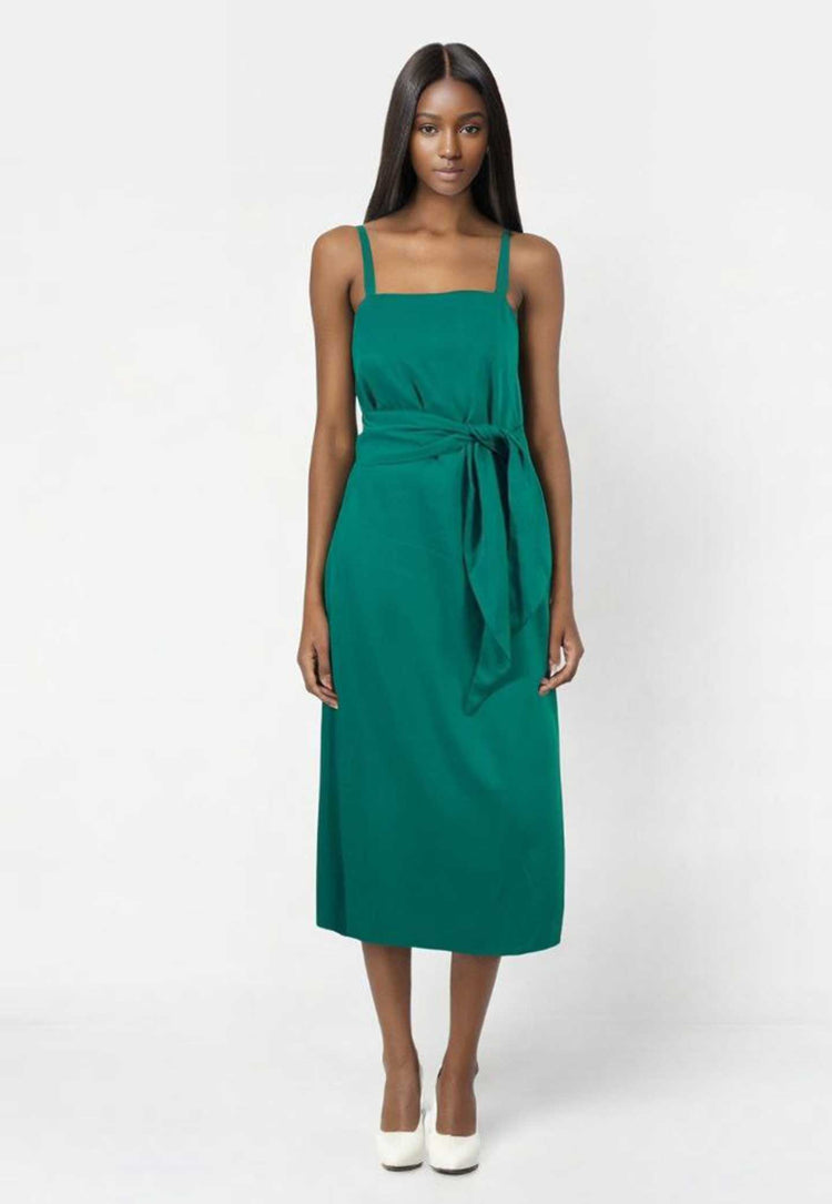 Ember Tie-Sash Cami Midi Dress in Emerald