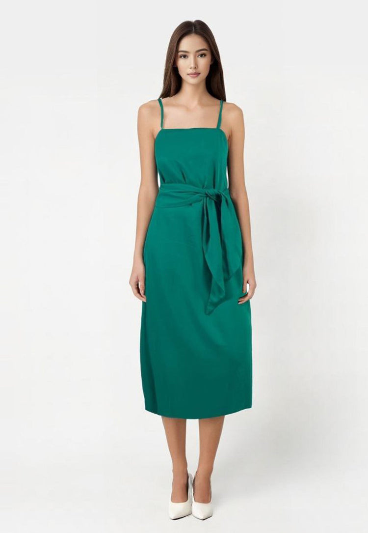 Ember Tie-Sash Cami Midi Dress in Emerald