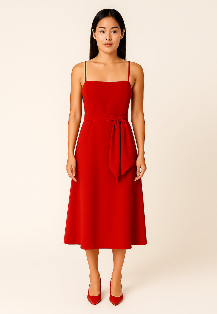 Ember Back Tie-Sash Cami Midi Dress in Berry Red