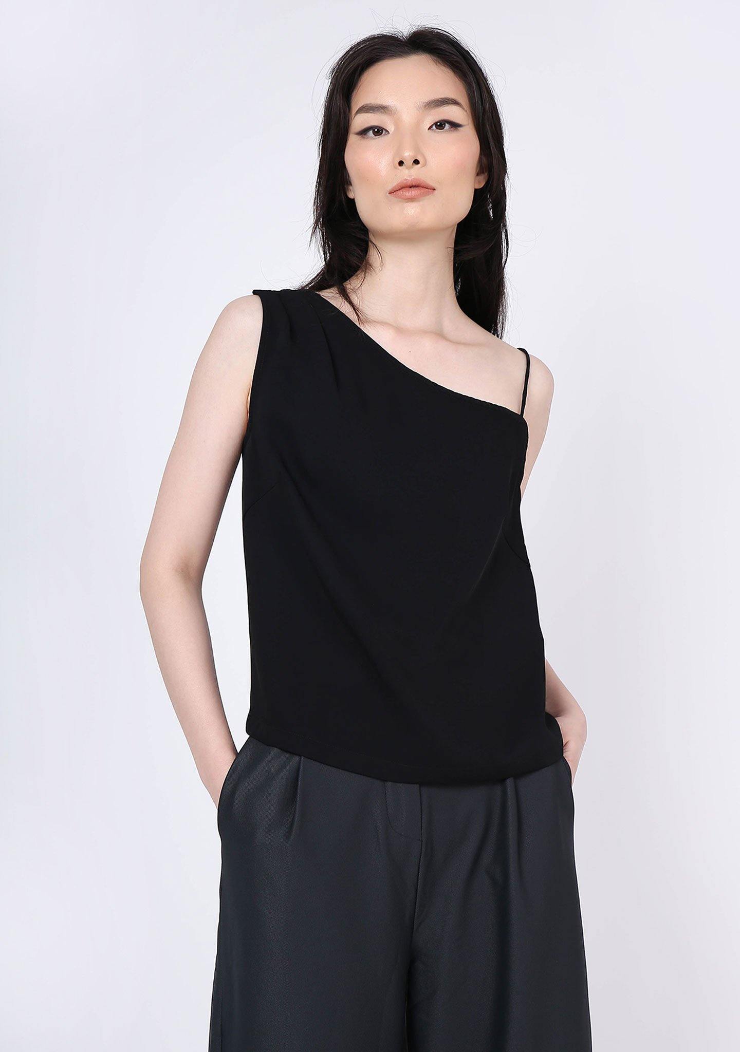 AOI ASYMMETRIC NECKLINE TOP - BLACK - SALIENT LABEL