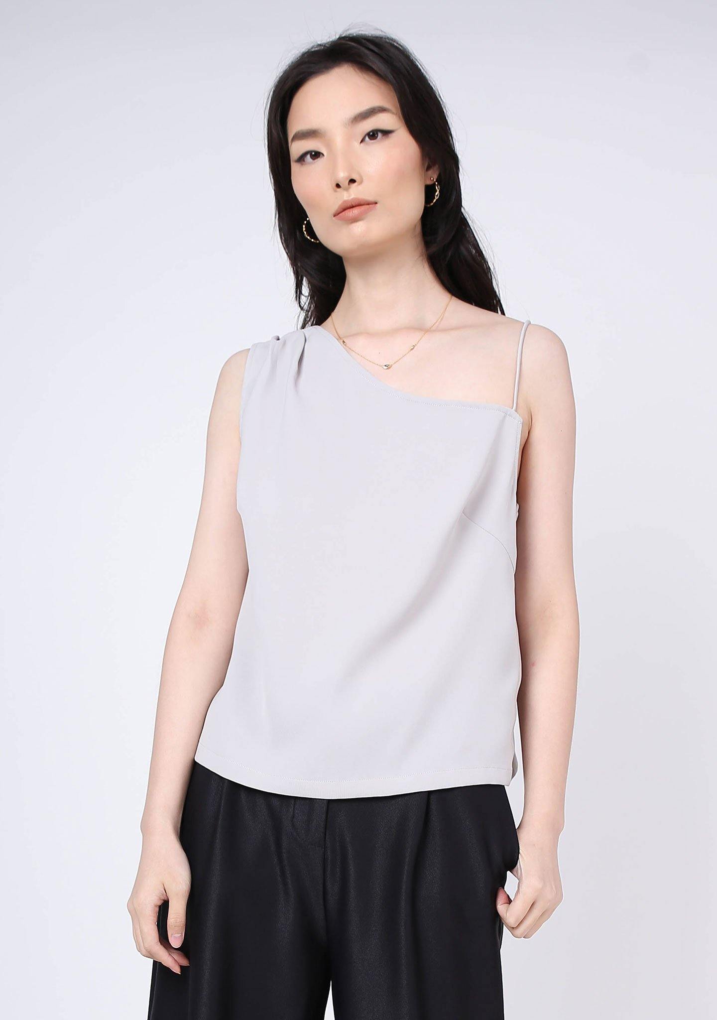 AOI ASYMMETRIC NECKLINE TOP - Warm Grey - SALIENT LABEL