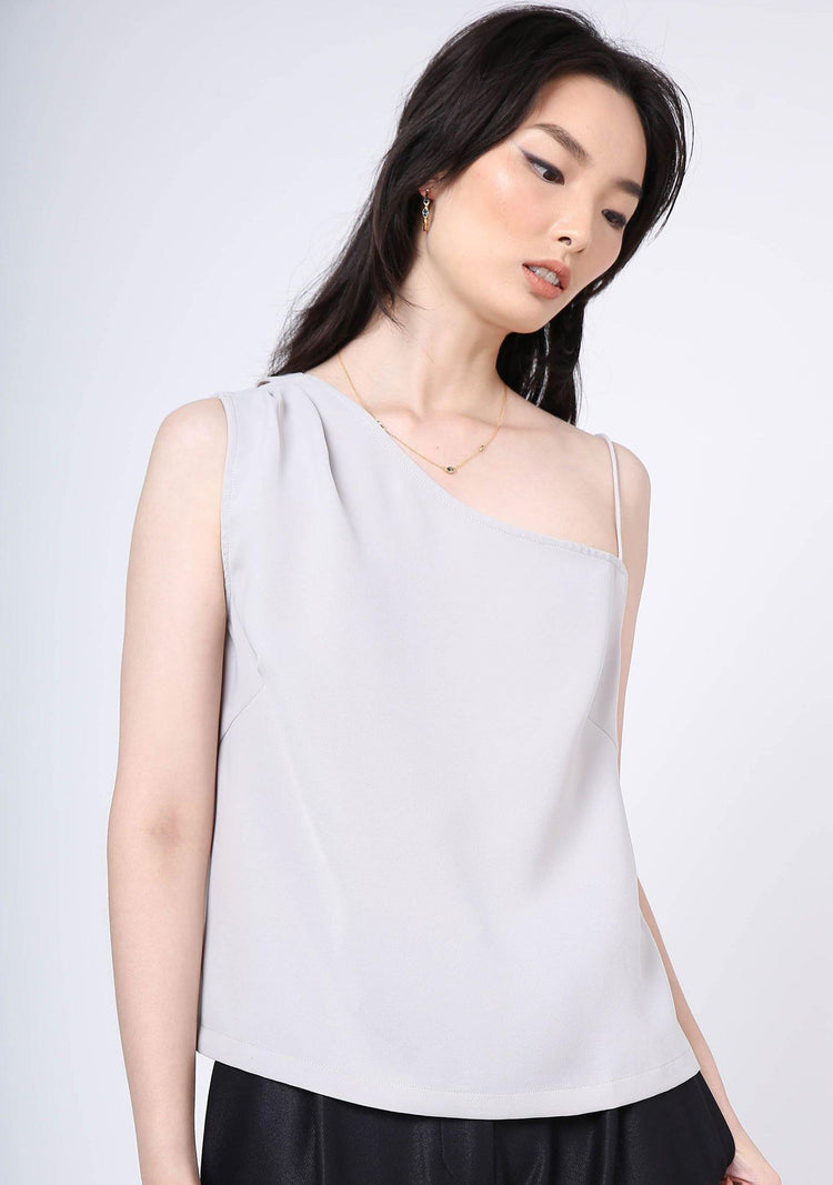 AOI ASYMMETRIC NECKLINE TOP - Warm Grey - SALIENT LABEL