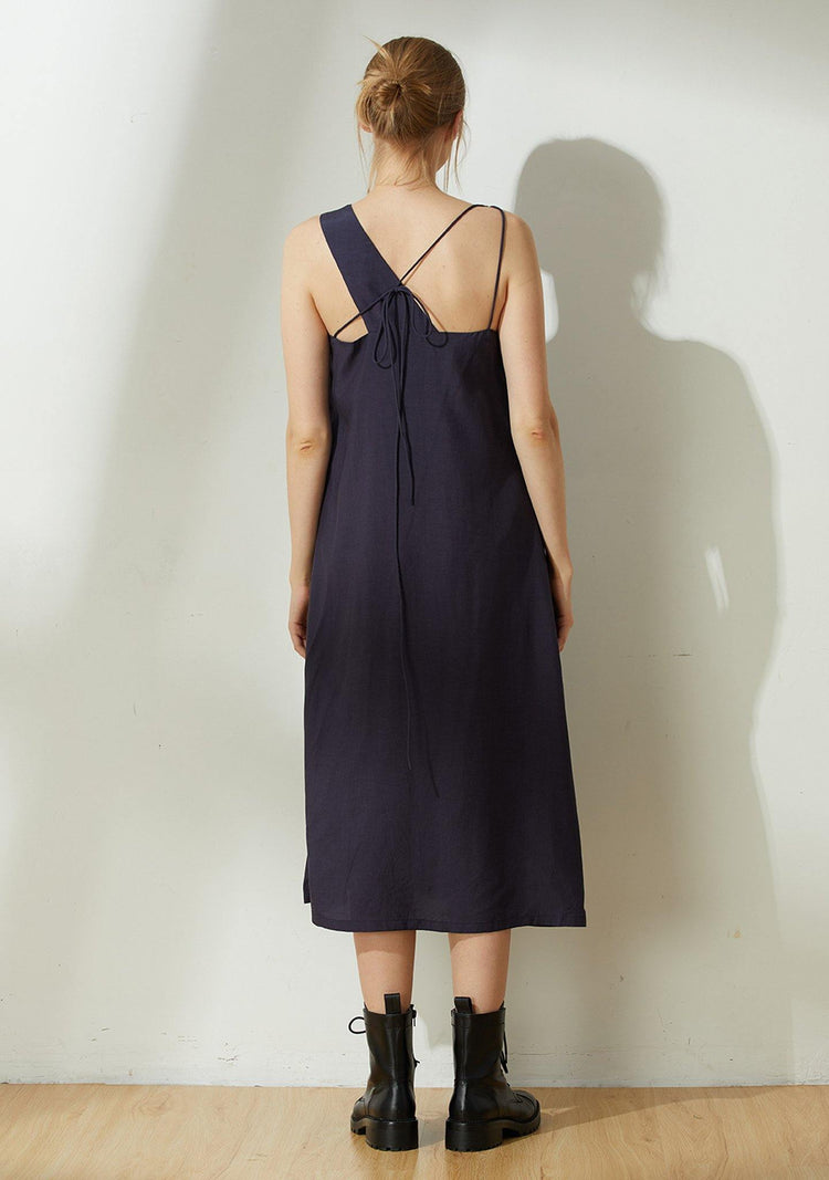 Asteria Tie-back Midi Dress in Midnight Navy - SALIENT LABEL