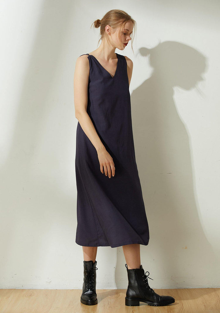Asteria Tie-back Midi Dress in Midnight Navy - SALIENT LABEL