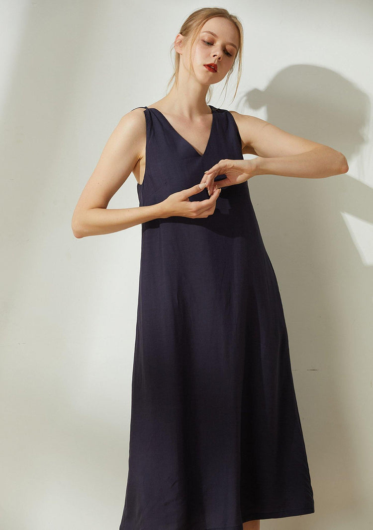 Asteria Tie-back Midi Dress in Midnight Navy - SALIENT LABEL