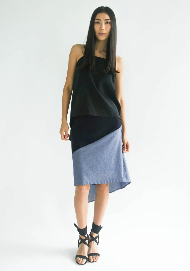 RAVELLO BACK DRAPED BUTTON DETAIL SKIRT IN NAVY CLOUD - SALIENT LABEL