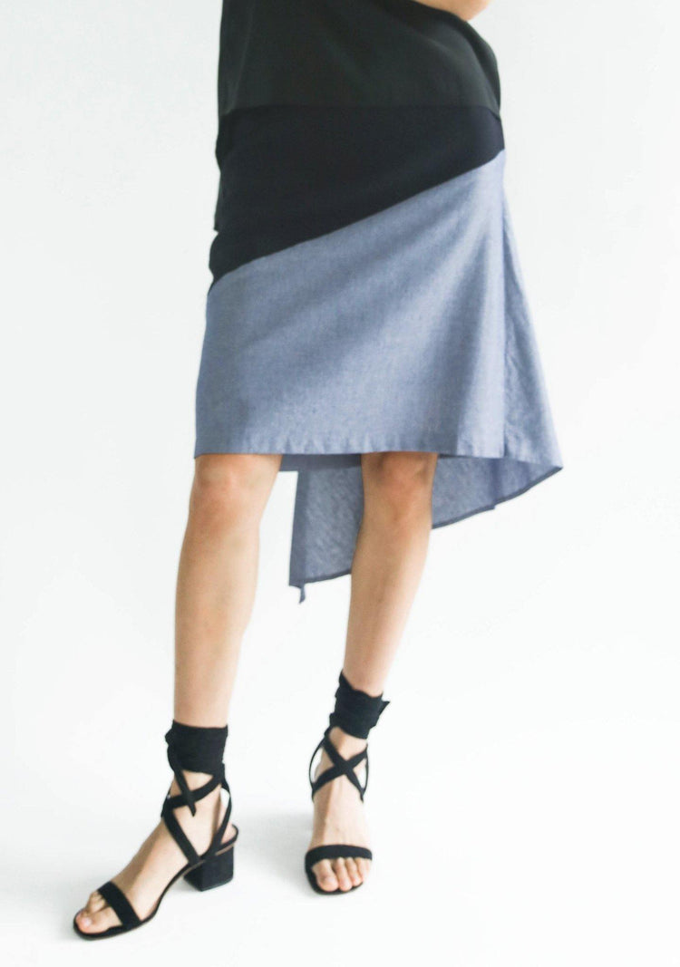 RAVELLO BACK DRAPED BUTTON DETAIL SKIRT IN NAVY CLOUD - SALIENT LABEL