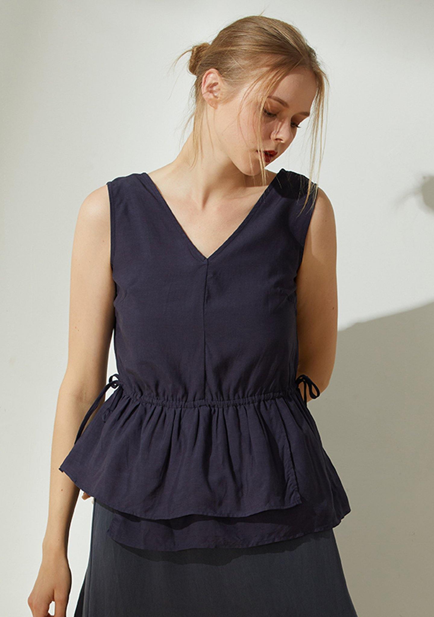 Farrow Linen Peplum Top - Navy - SALIENT LABEL