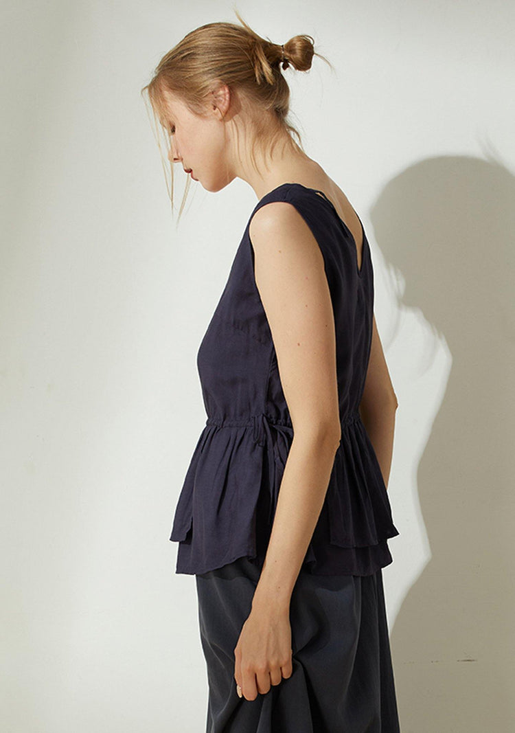 Farrow Linen Peplum Top - Navy - SALIENT LABEL