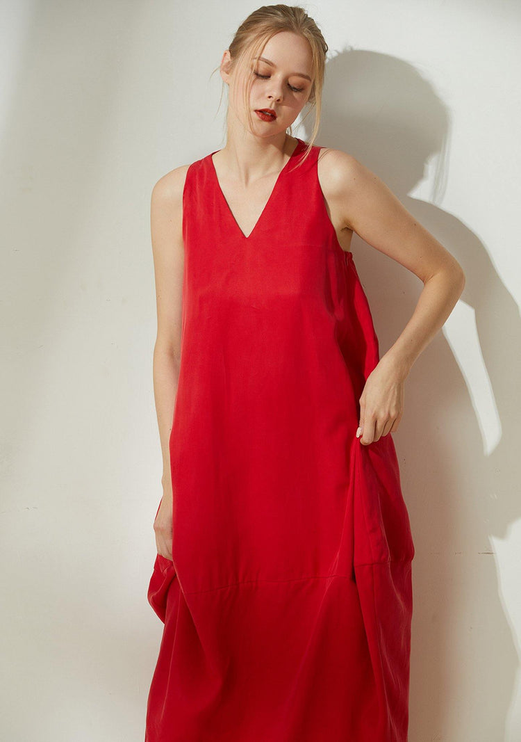 Hekate V-neck Cupro Cocoon Dress - Bright Red - SALIENT LABEL