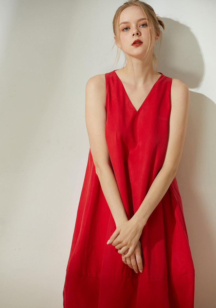 Hekate V-neck Cupro Cocoon Dress - Bright Red - SALIENT LABEL