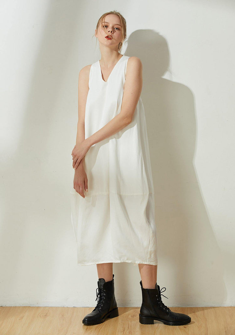 Hekate V-neck Cupro Cocoon Dress - Ivory - SALIENT LABEL