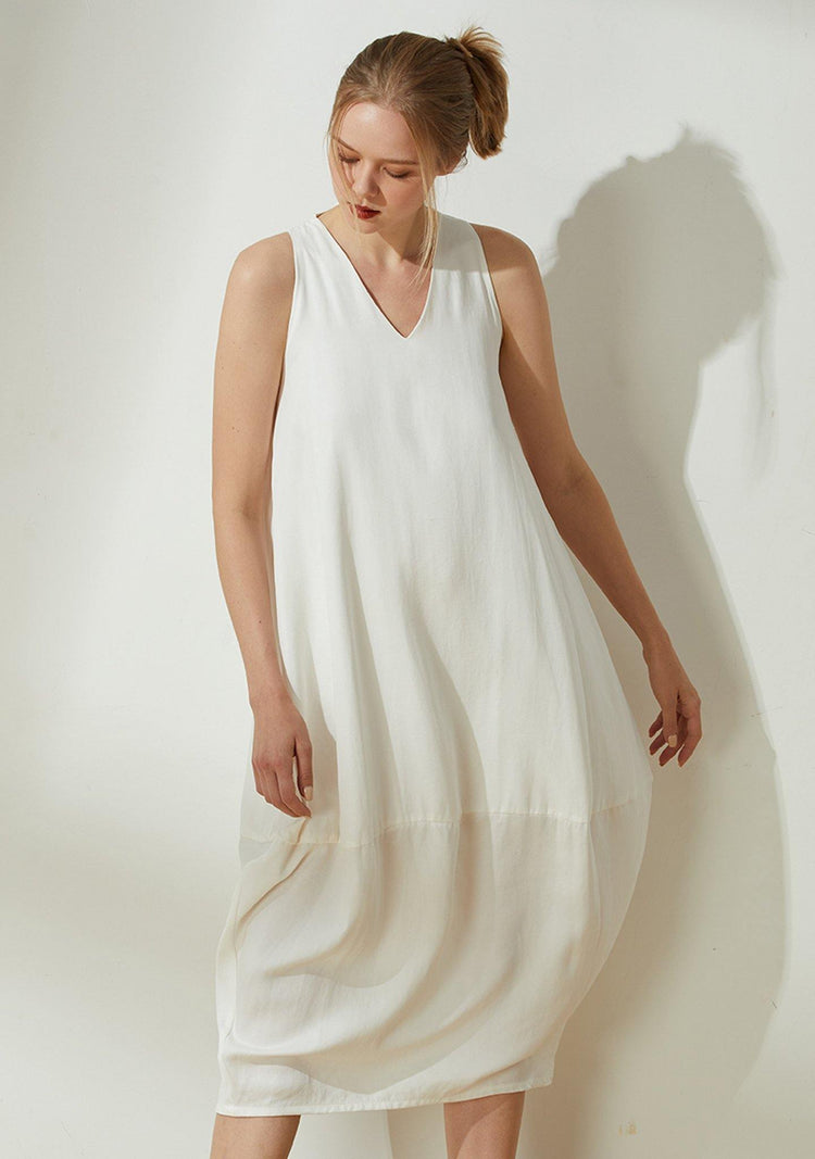 Hekate V-neck Cupro Cocoon Dress - Ivory - SALIENT LABEL