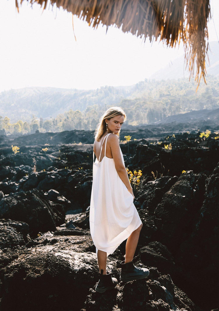 Hekate V-neck Cupro Cocoon Dress - Ivory - SALIENT LABEL