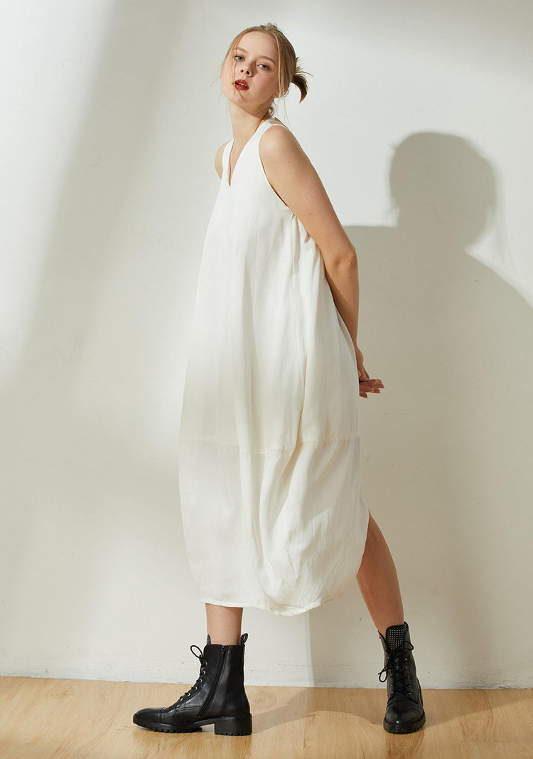 Hekate V-neck Cupro Cocoon Dress - Ivory - SALIENT LABEL