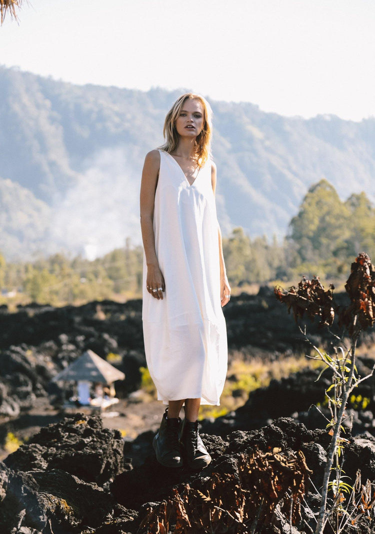 Hekate V-neck Cupro Cocoon Dress - Ivory - SALIENT LABEL