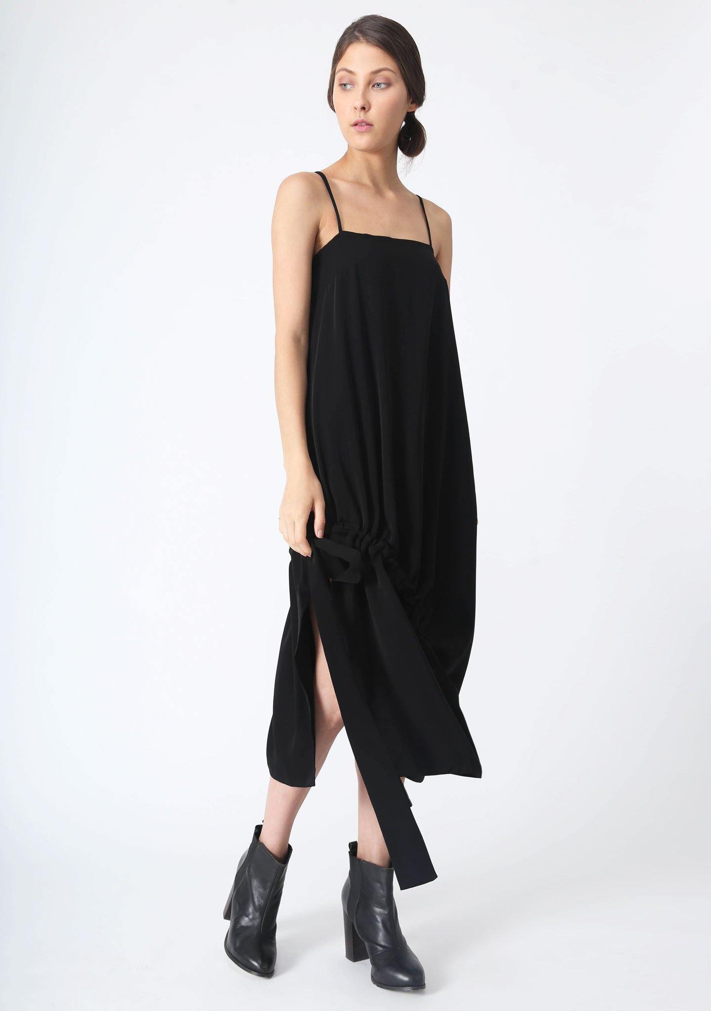KAI MIDI DRAWSTRING DRESS - BLACK - SALIENT LABEL