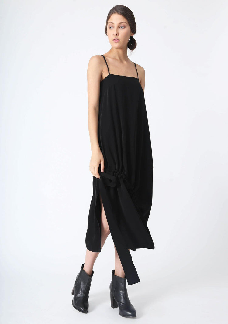 KAI MIDI DRAWSTRING DRESS - BLACK - SALIENT LABEL