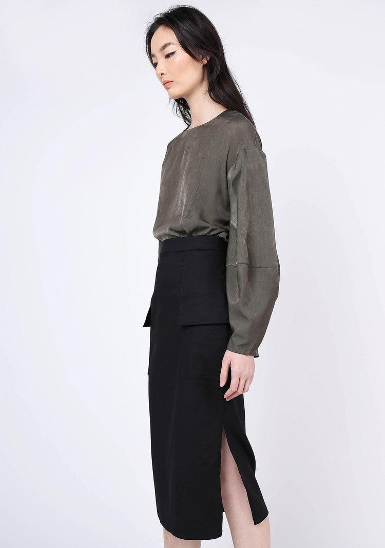 KIMBLE LANTERN SLEEVE BLOUSE - DARK OLIVINE - SALIENT LABEL