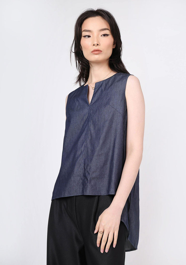 Mako Slit Neckline Tencel Top - Indigo - SALIENT LABEL