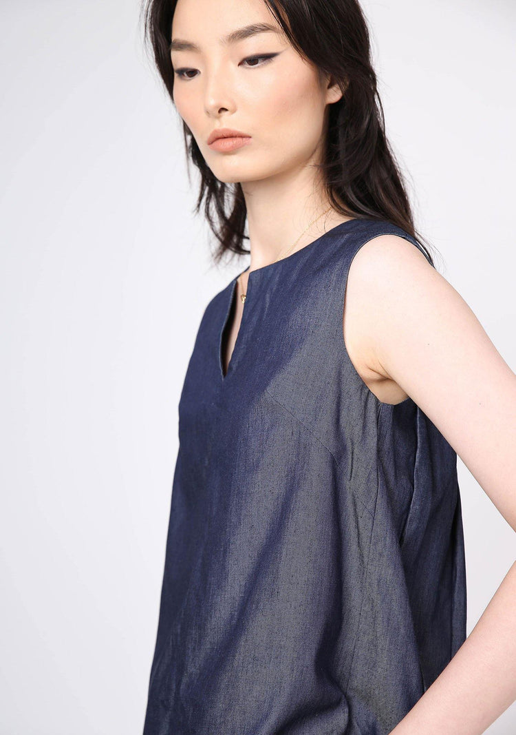 Mako Slit Neckline Tencel Top - Indigo - SALIENT LABEL