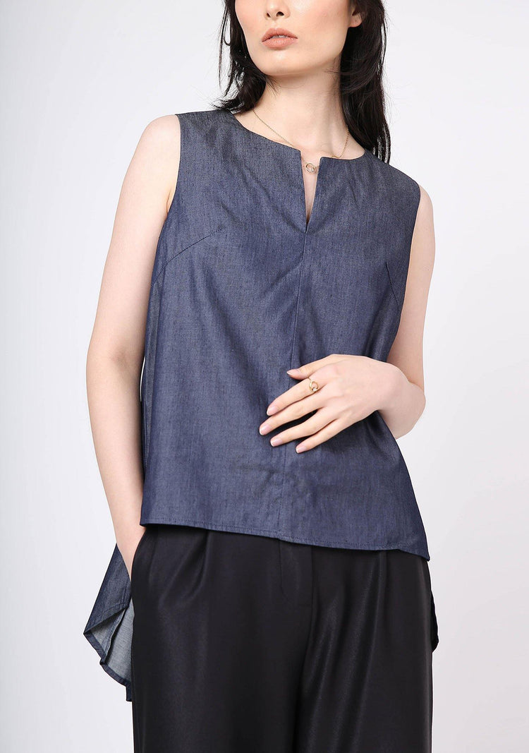 Mako Slit Neckline Tencel Top - Indigo - SALIENT LABEL