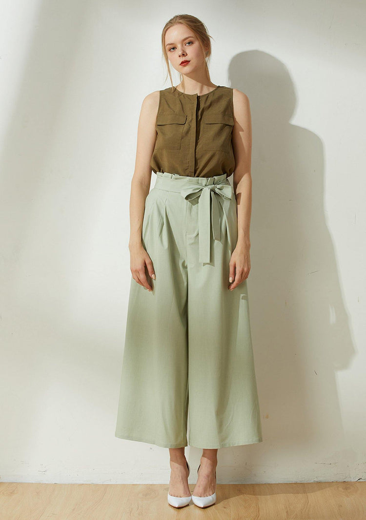 Malv Viscose Button-down Top with Slit Back in Khaki - SALIENT LABEL