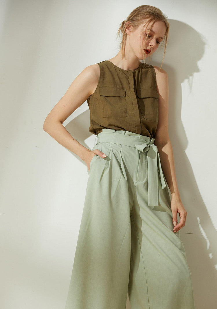 Malv Viscose Button-down Top with Slit Back in Khaki - SALIENT LABEL