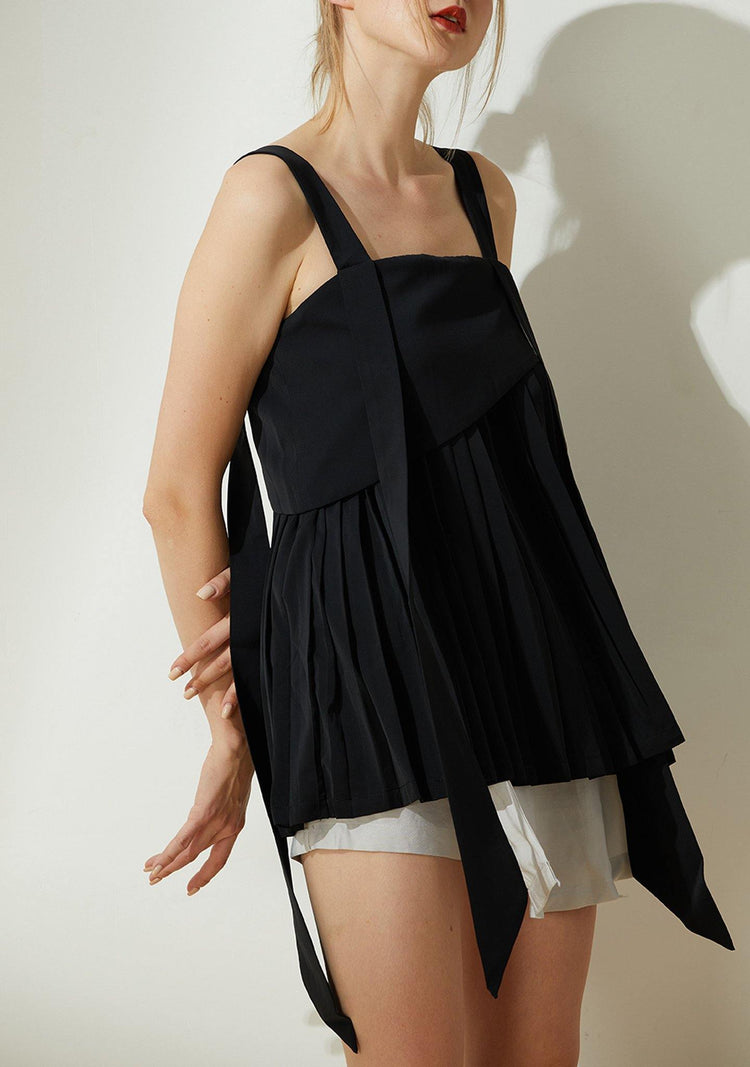 Mizuki Pleated Long Strap Top in Obsidian - SALIENT LABEL