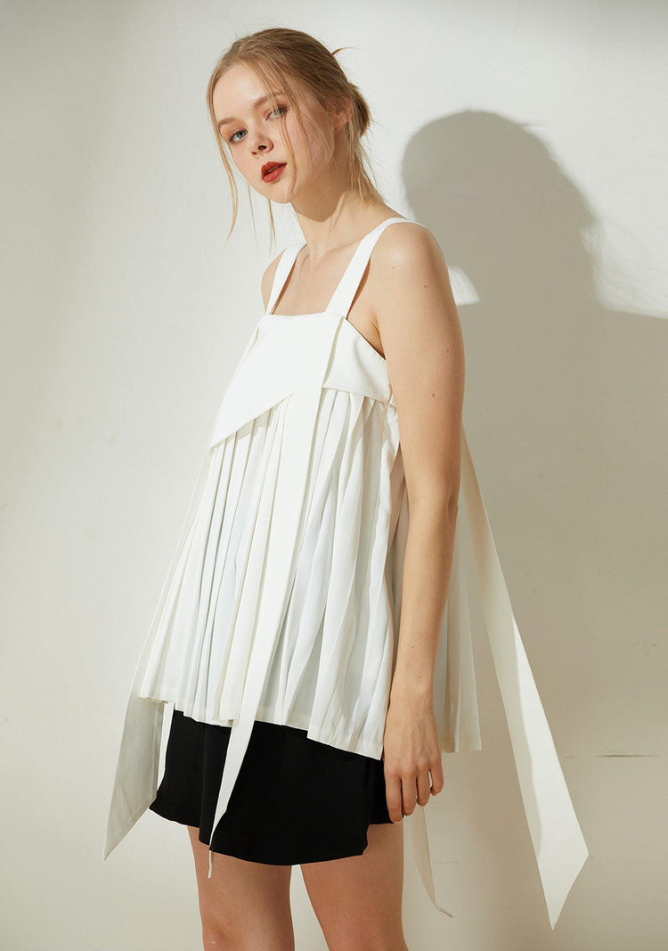 Mizuki Pleated Long Strap Top in White - SALIENT LABEL
