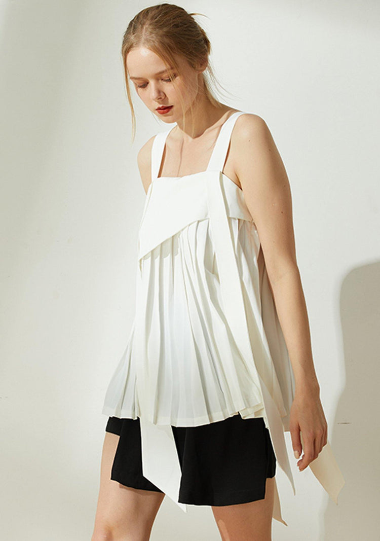 Mizuki Pleated Long Strap Top in White - SALIENT LABEL