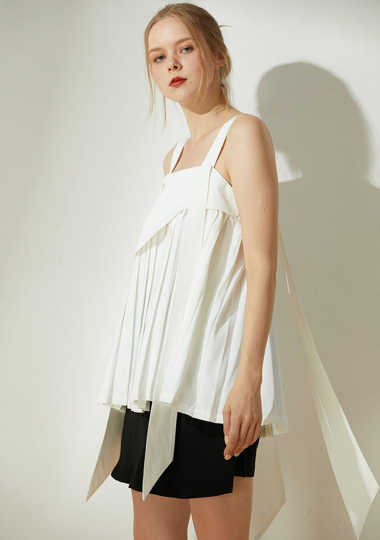 Mizuki Pleated Long Strap Top in White - SALIENT LABEL