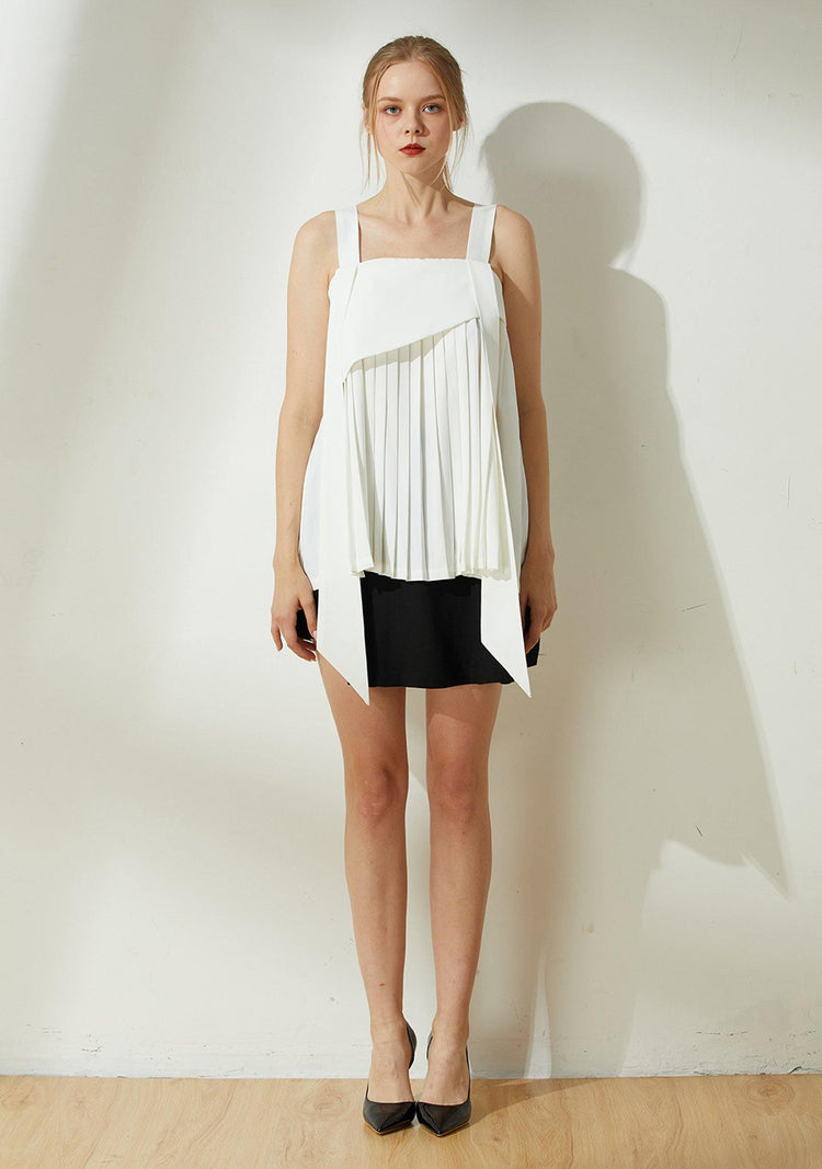 Mizuki Pleated Long Strap Top in White - SALIENT LABEL