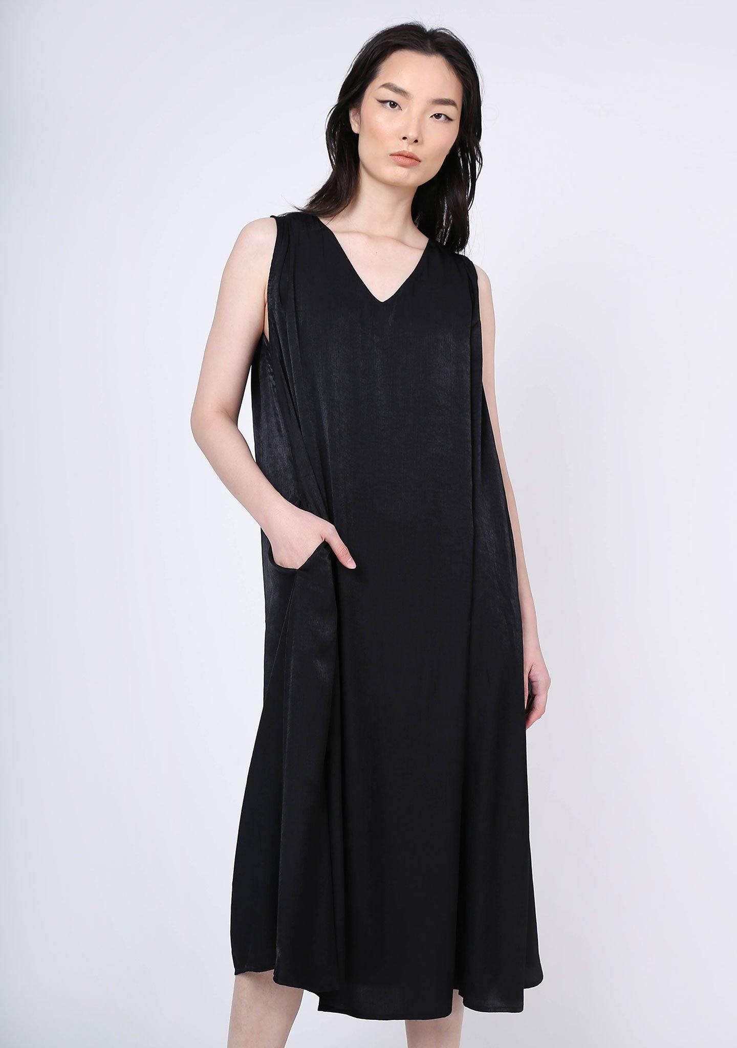 SAVANNA CUPRO FLARE DRESS - ANTHRACITE - SALIENT LABEL
