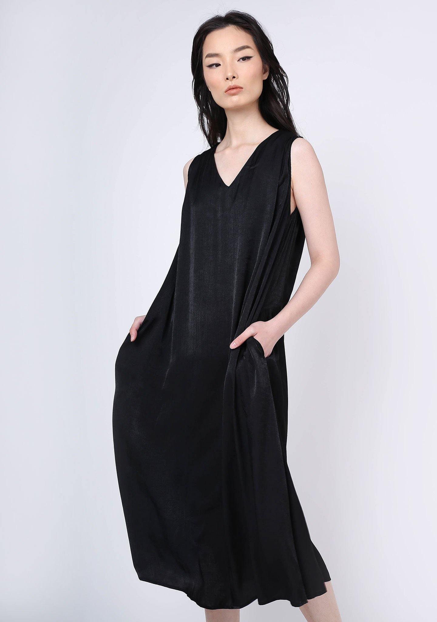SAVANNA CUPRO FLARE DRESS - ANTHRACITE - SALIENT LABEL