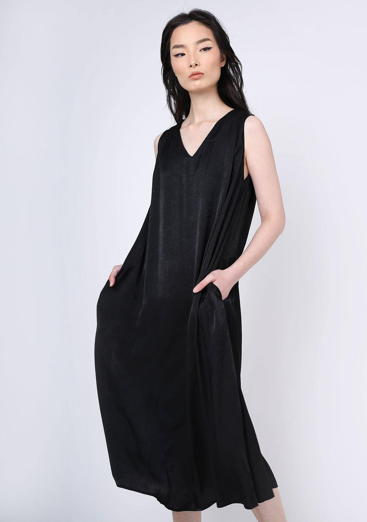 SAVANNA CUPRO FLARE DRESS - ANTHRACITE - SALIENT LABEL