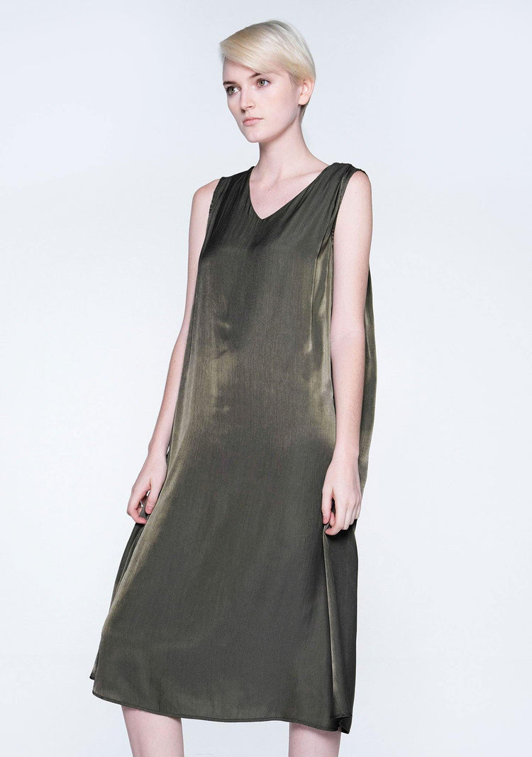 SAVANNA CUPRO FLARE DRESS - DARK OLIVINE - SALIENT LABEL