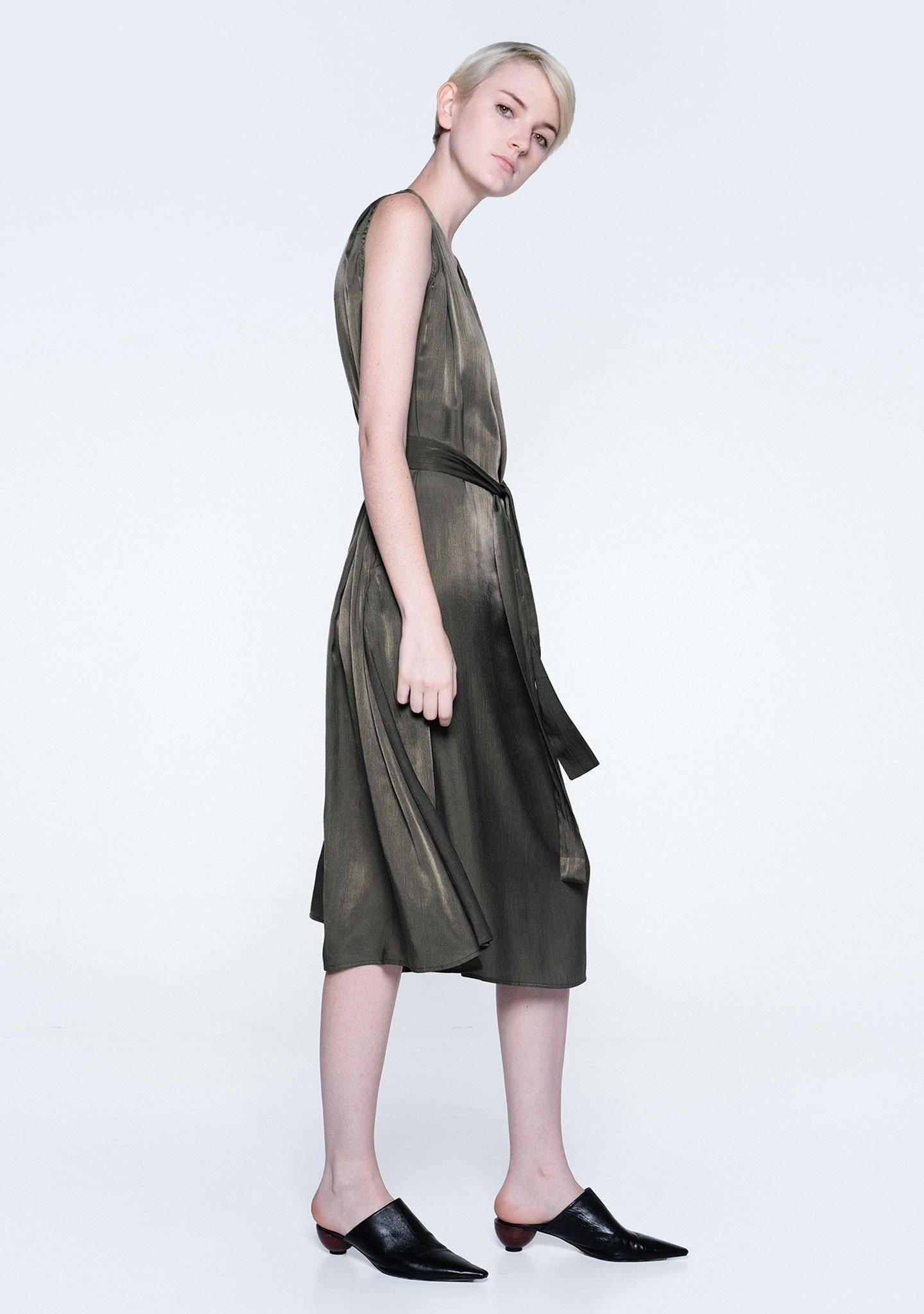 SAVANNA CUPRO FLARE DRESS - DARK OLIVINE - SALIENT LABEL