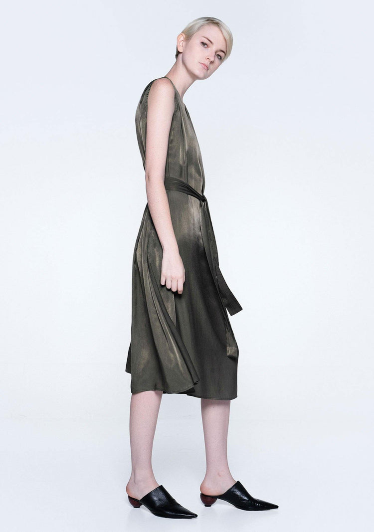 SAVANNA CUPRO FLARE DRESS - DARK OLIVINE - SALIENT LABEL