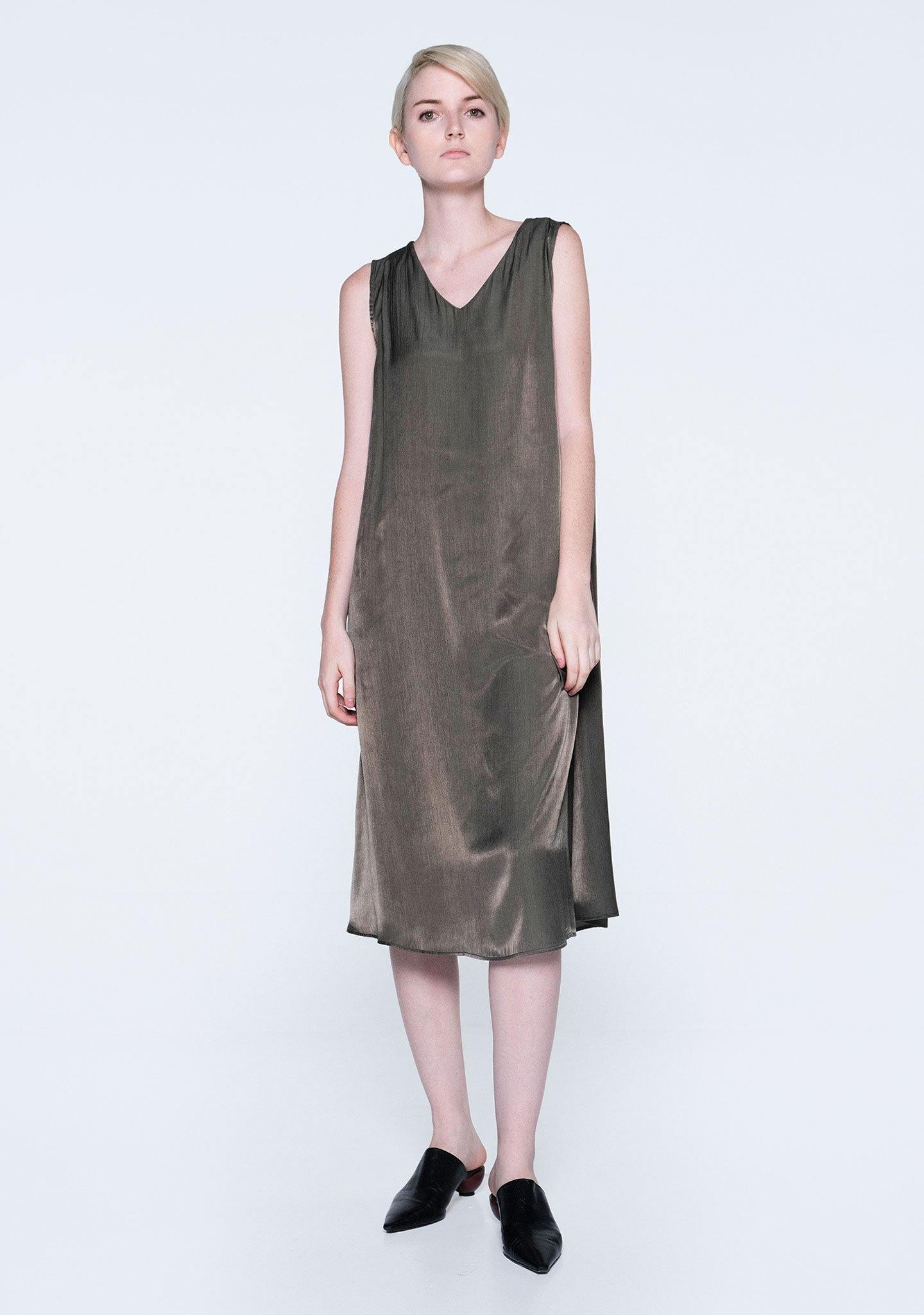 SAVANNA CUPRO FLARE DRESS - DARK OLIVINE - SALIENT LABEL