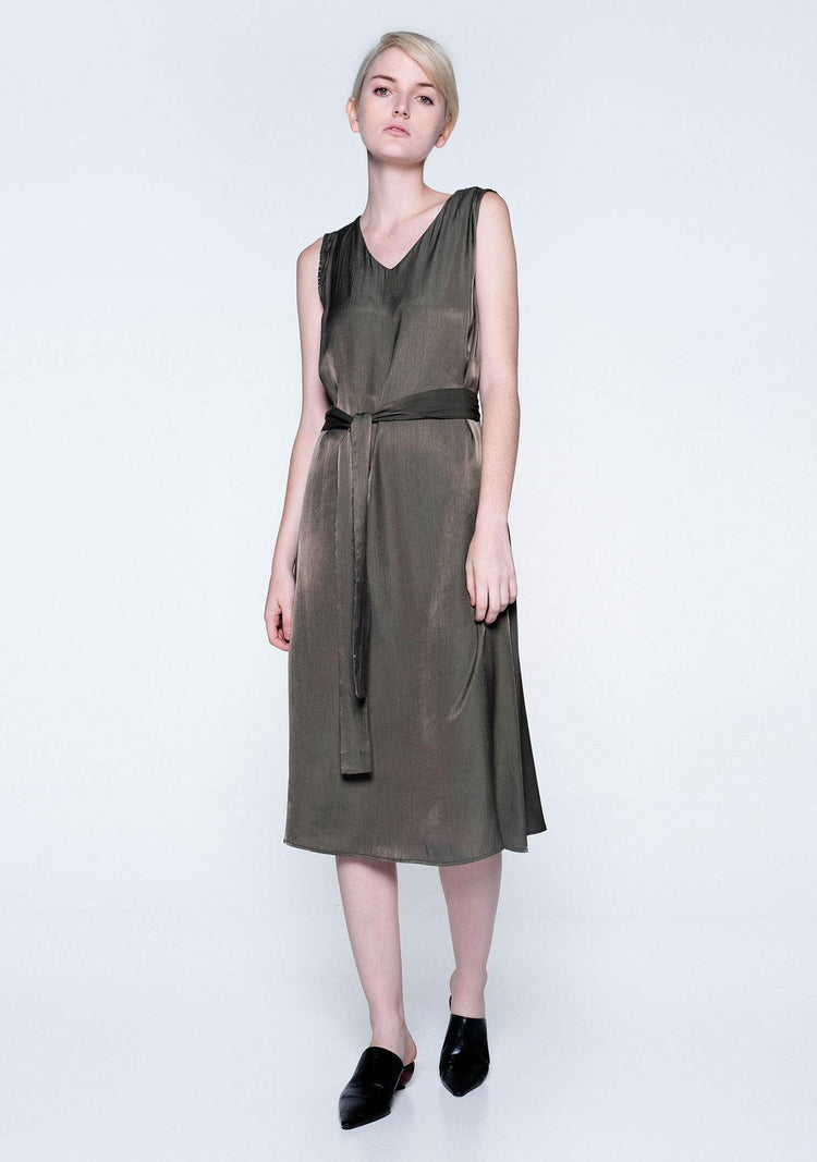 SAVANNA CUPRO FLARE DRESS - DARK OLIVINE - SALIENT LABEL