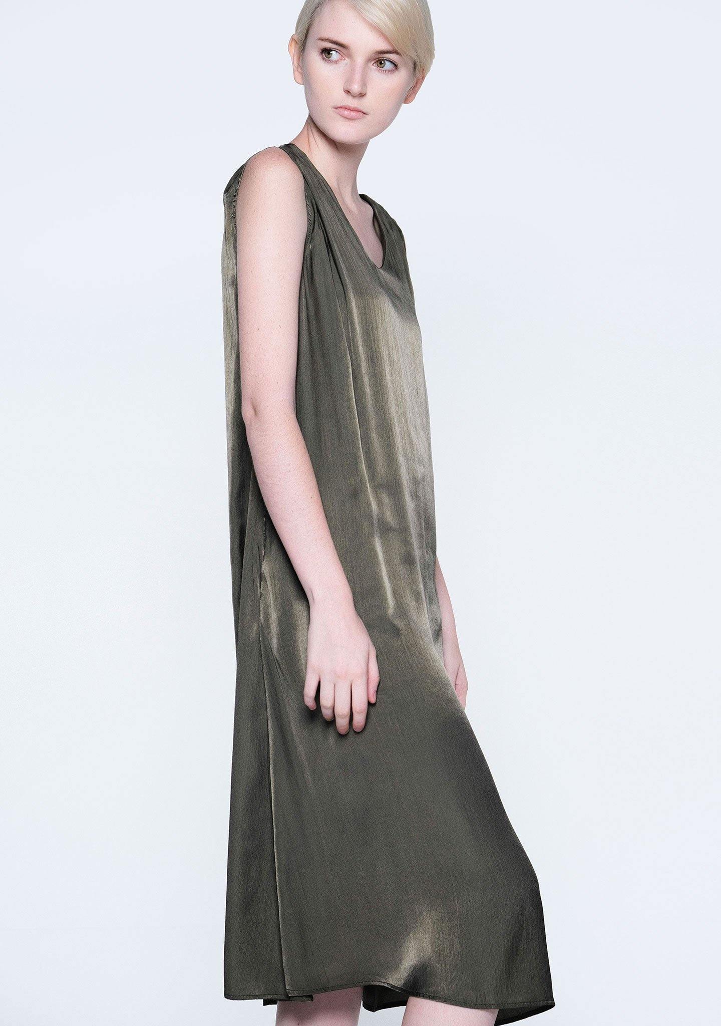 SAVANNA CUPRO FLARE DRESS - DARK OLIVINE - SALIENT LABEL