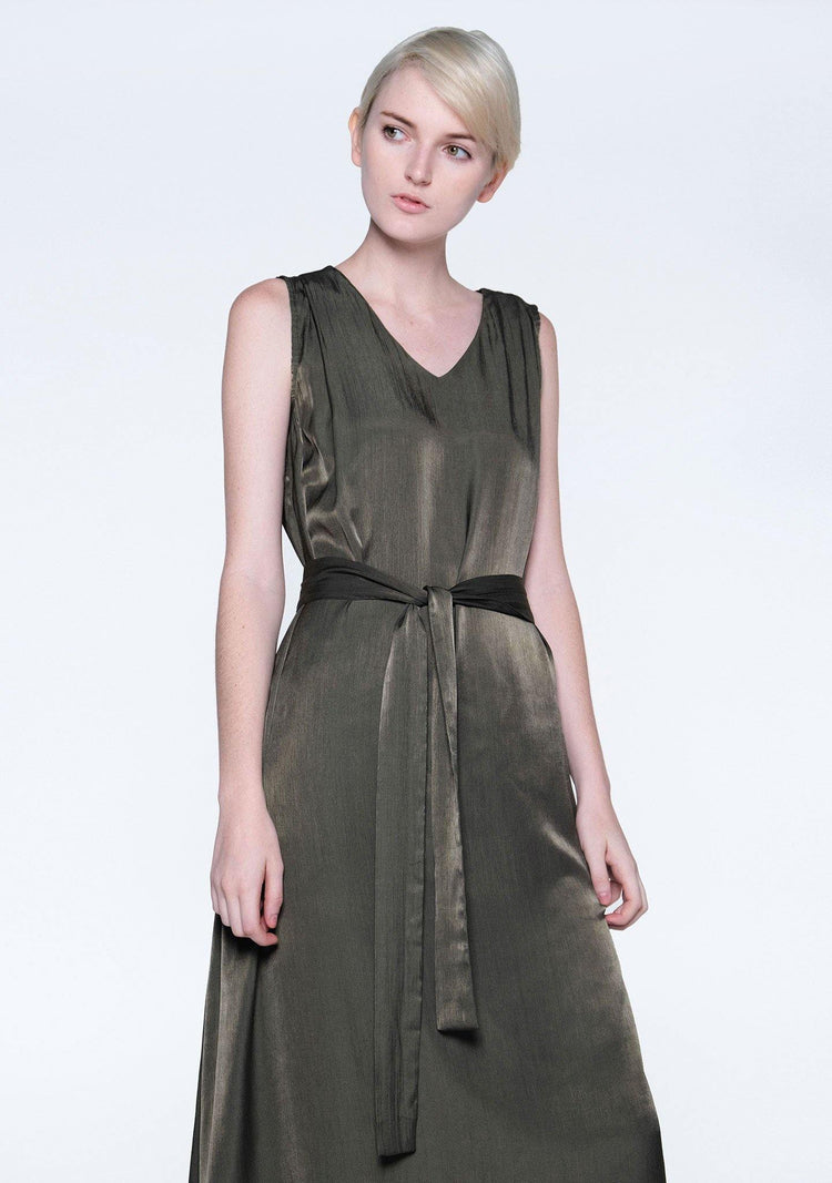 SAVANNA CUPRO FLARE DRESS - DARK OLIVINE - SALIENT LABEL