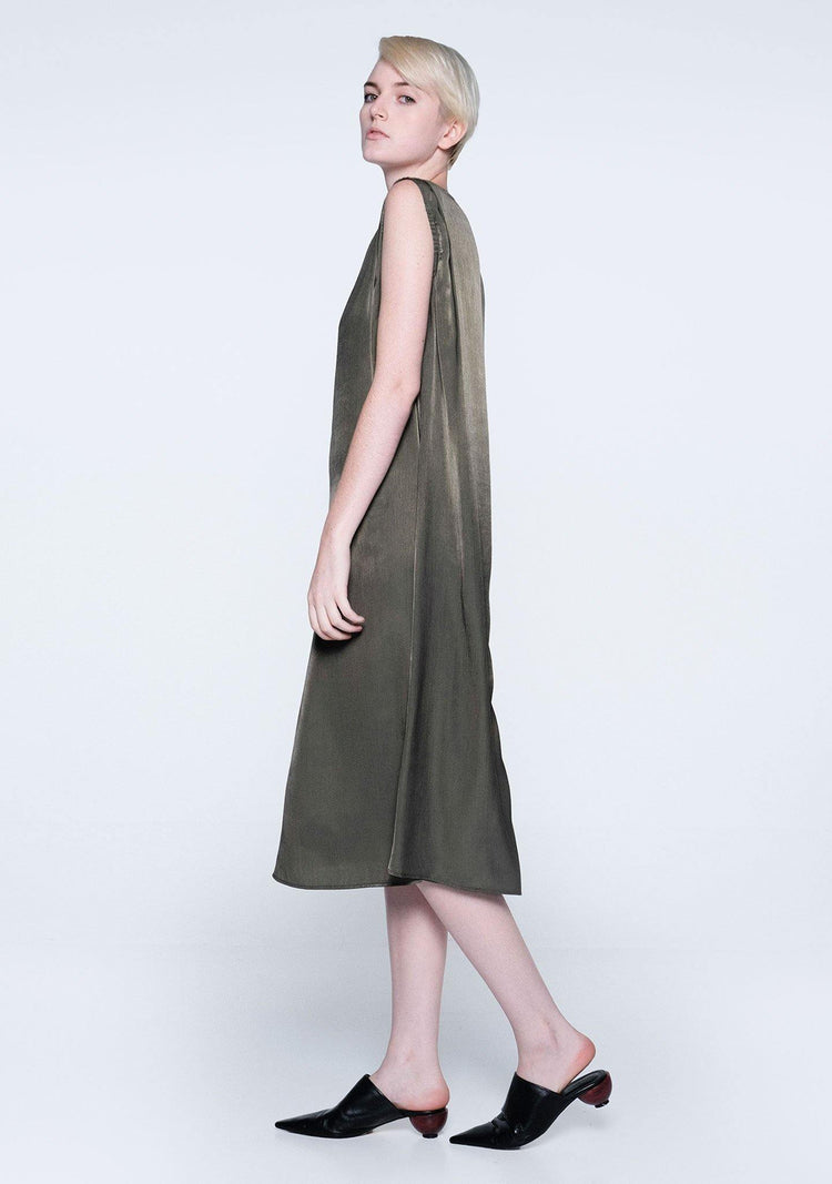 SAVANNA CUPRO FLARE DRESS - DARK OLIVINE - SALIENT LABEL