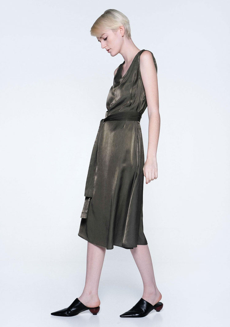 SAVANNA CUPRO FLARE DRESS - DARK OLIVINE - SALIENT LABEL