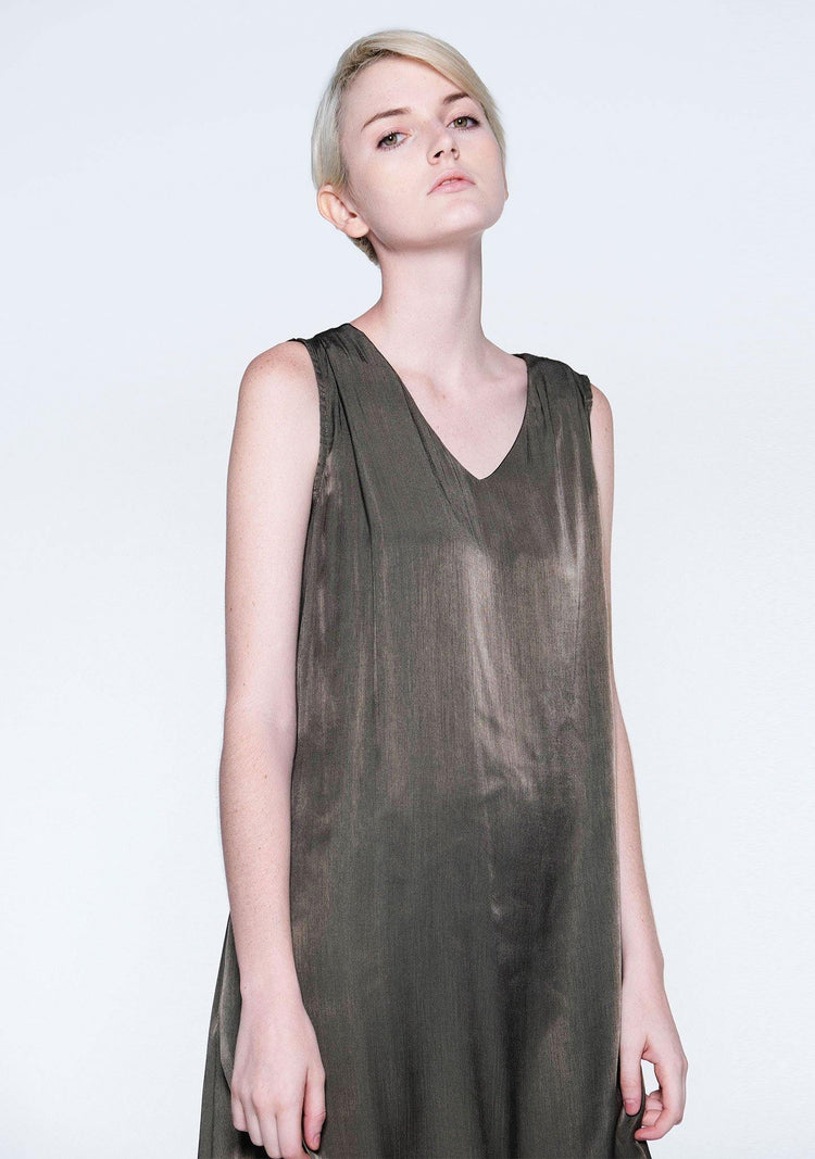 SAVANNA CUPRO FLARE DRESS - DARK OLIVINE - SALIENT LABEL