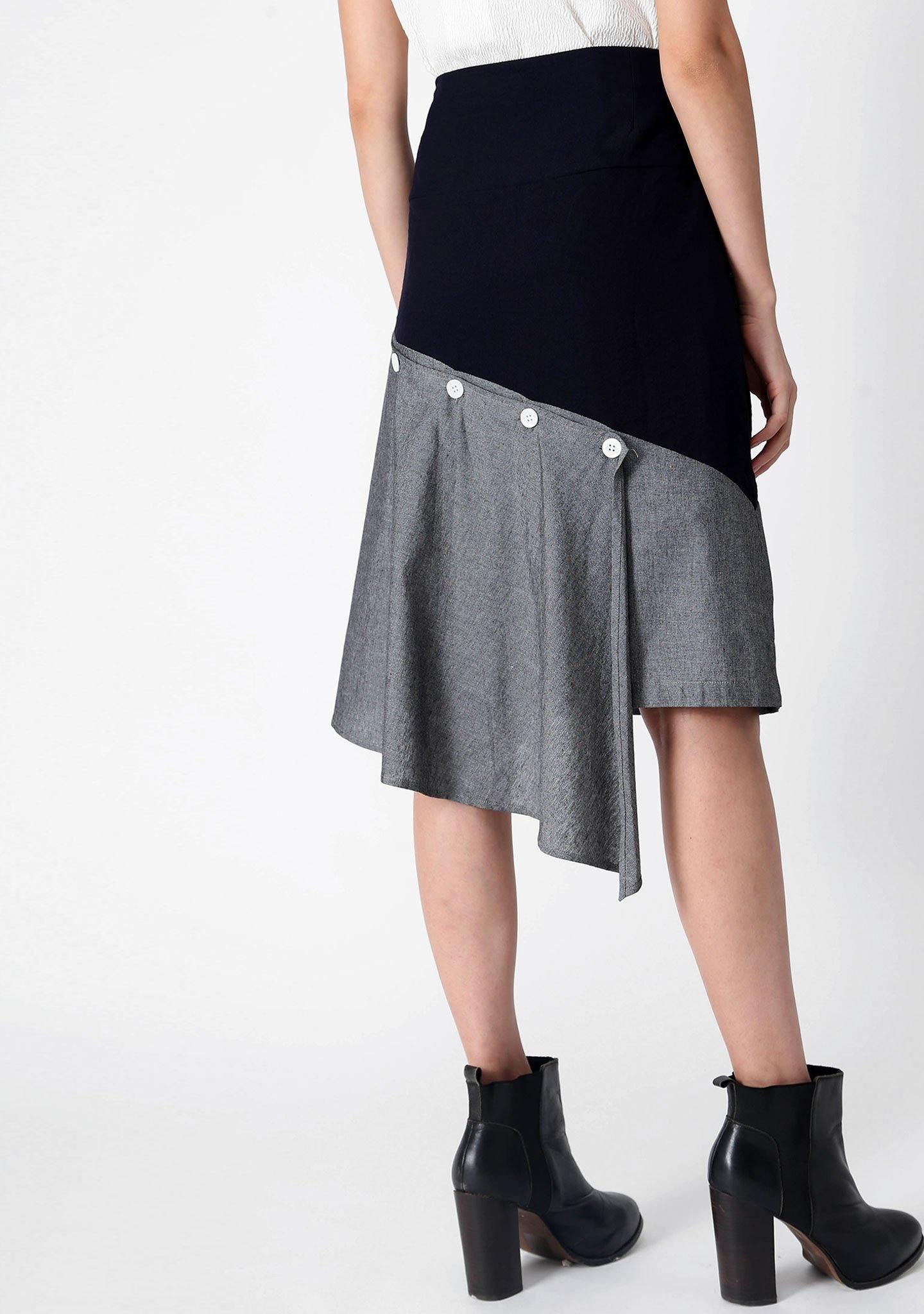 RAVELLO BACK DRAPED BUTTON DETAIL SKIRT IN GREY CLOUD - SALIENT LABEL