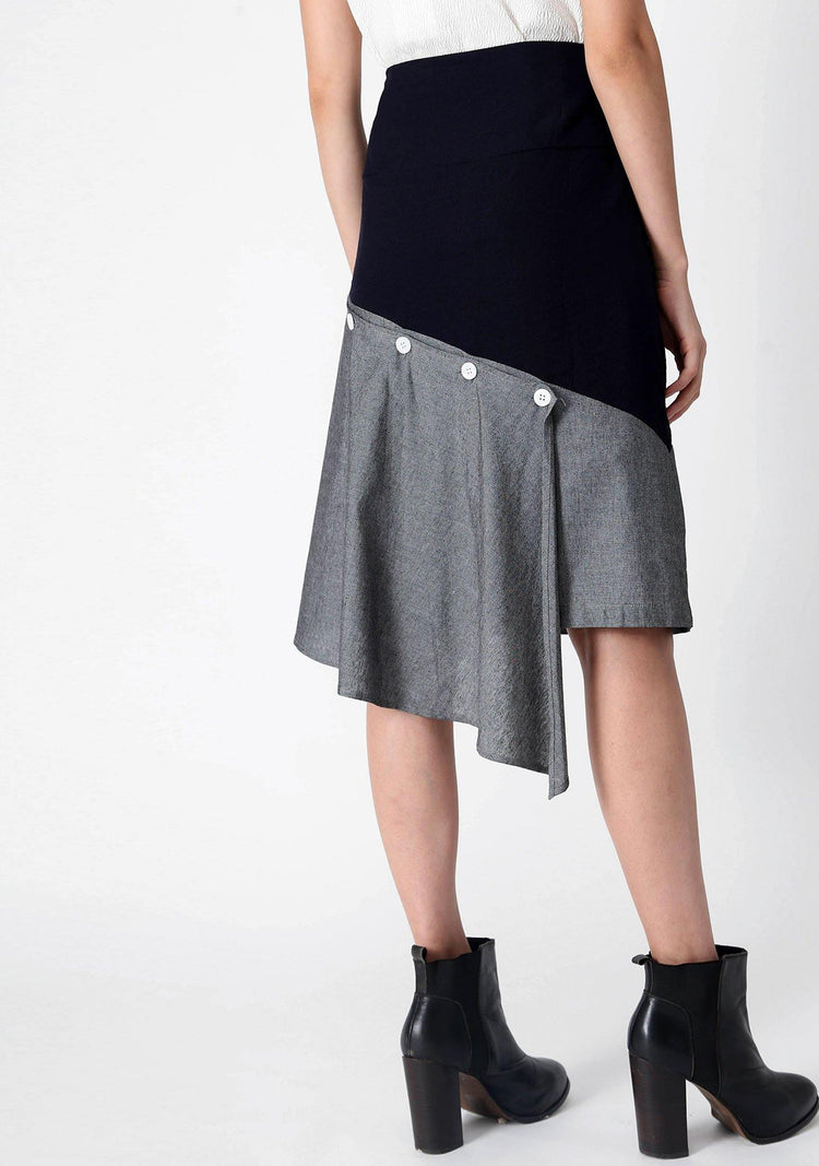 RAVELLO BACK DRAPED BUTTON DETAIL SKIRT IN GREY CLOUD - SALIENT LABEL