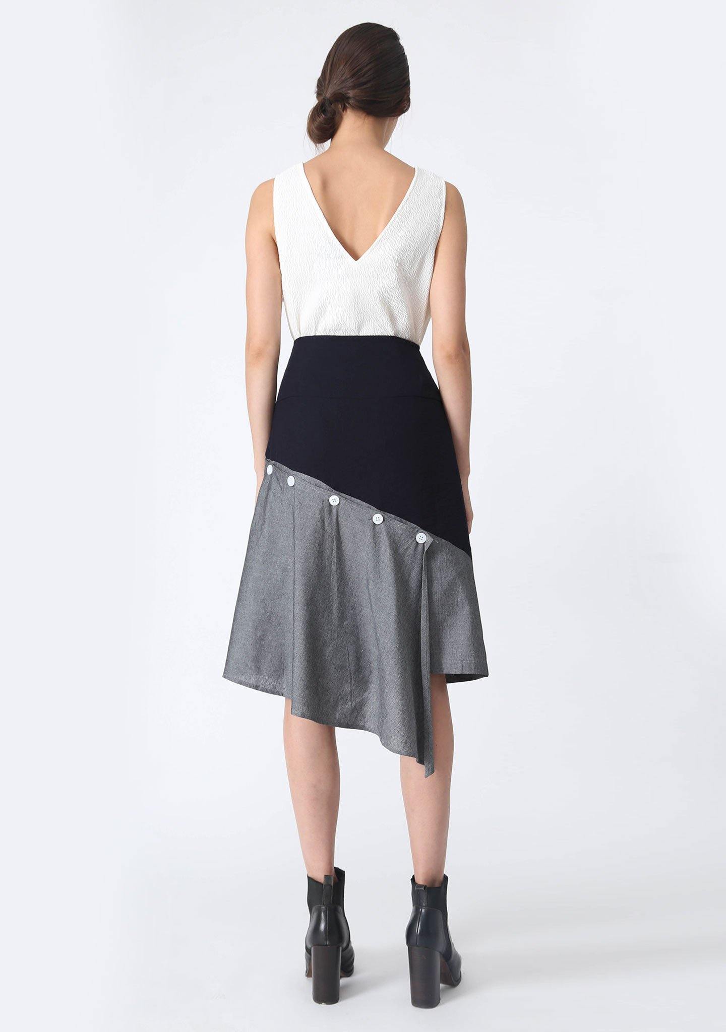 RAVELLO BACK DRAPED BUTTON DETAIL SKIRT IN GREY CLOUD - SALIENT LABEL