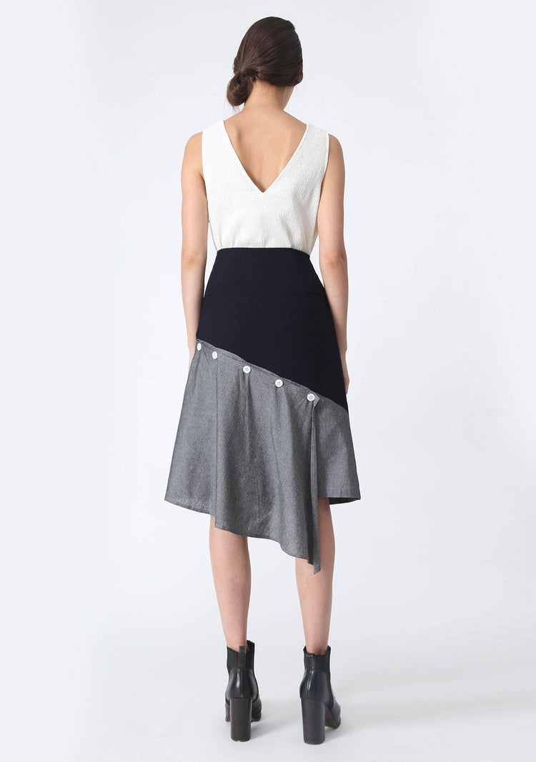 RAVELLO BACK DRAPED BUTTON DETAIL SKIRT IN GREY CLOUD - SALIENT LABEL